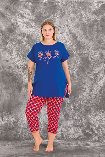 MOPİ Plus Size Viscose Comfortable Short Sleeve Capri Pajamas Set
