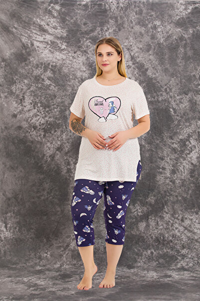 MOPİ Plus Size Viscose Comfortable Short Sleeve Capri Pajamas Set