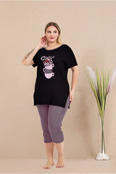 MOPİ Plus Size Viscose Short Sleeve Capri Pajamas Set