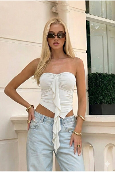 World Fashion Trends Στράπλες Τοπ με Λεπτομέρεια Βολάν σε Εκρού Χρώμα