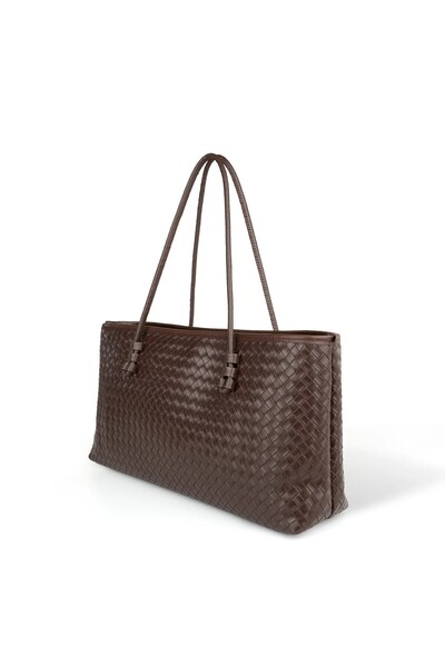 Beshora Owen Brown Matte Women's Rectangular Tote Bag with Zipper and Knitted...