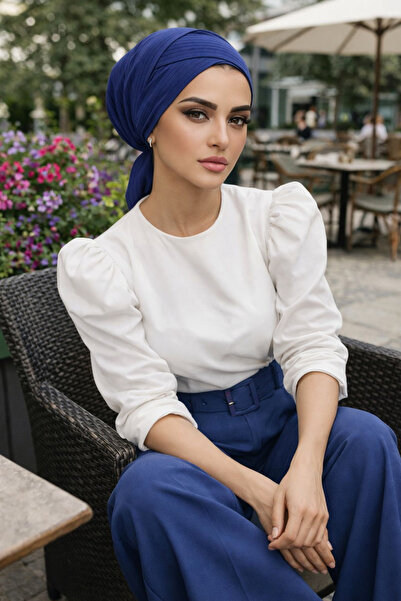 Aişe tesettür Bonetă cu dungi în cruce, albastru marin