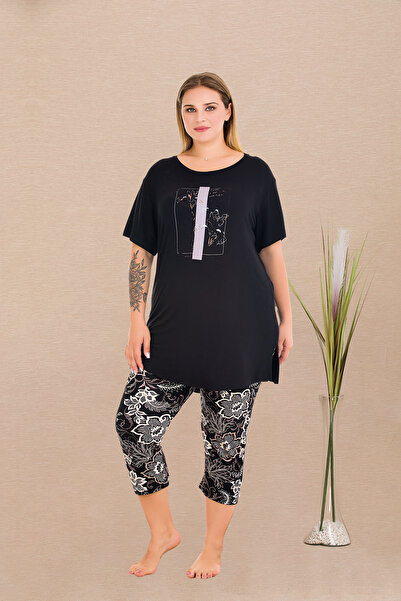 MOPİ Plus Size Viscose Short Sleeve Capri Pajamas Set