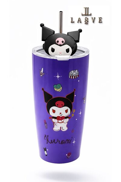 kuromi Steel Thermos Bottle 500 ml with Steel Straw for Normal Drinking, Lice...