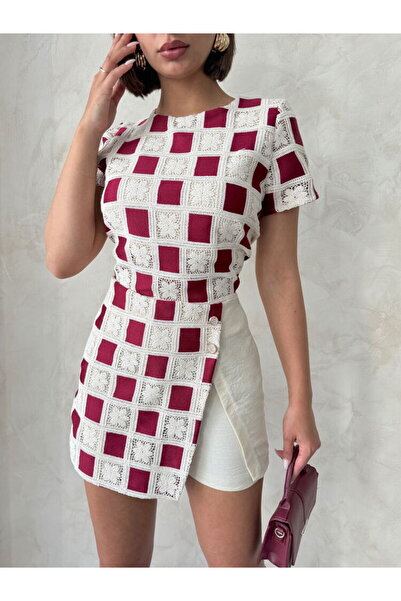 Caddebostan Moda Women's Short Sleeve Checkerboard Pattern Crochet Knit Detai...