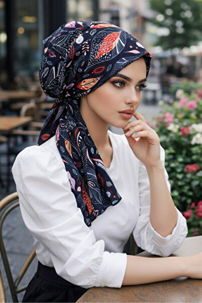 Aişe tesettür Siyah Yaprak Desen Eşarp Bone