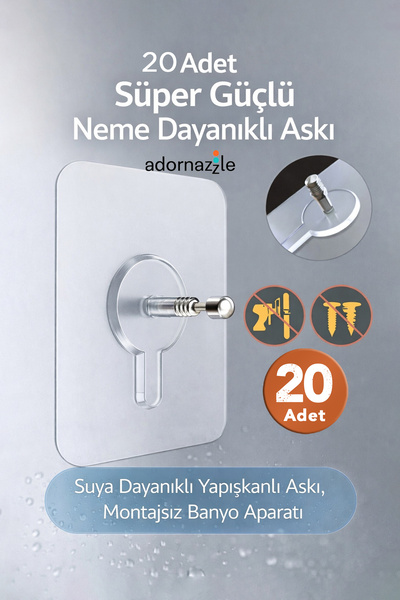 adornazzle 20 Adet Süper Güçlü Neme Dayanıklı Askı, Banyo Duvarı Vida Askılık...