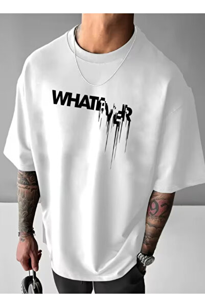 KVİNS Tricou negru oversize pentru bărbați, cu imprimeu „Whatever”, din bumba...