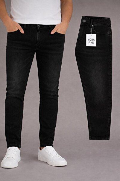 MODA FINE Men's Slim Fit Narrow Leg Black Stonewashed Trousers