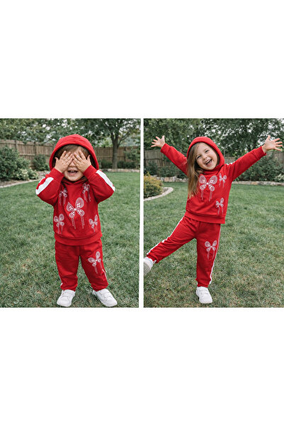 kahkaha kids Girl's Pink Hooded Tracksuit Set Butterfly Printed 2-Piece Sport...