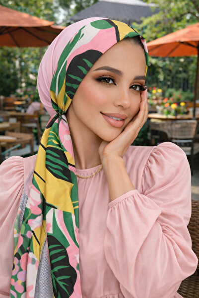 Aişe tesettür Pudra Yaprak Desen Eşarp Bone