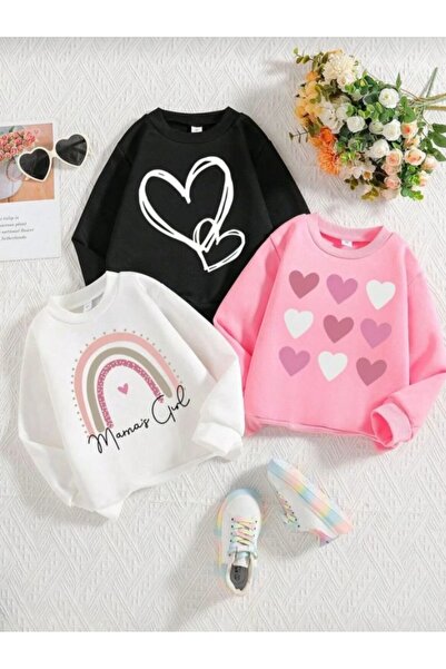 Kids Baskılı 3 lü Sweatshirt kalp- gökkuşağı çoklu kalp baskılı pembe siyah b...