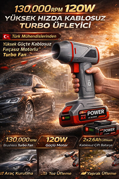 özgürce Mini Turbo Jet Fan Şarjlı Araba ve Ev Temizleme Cihazı, 3 Kademeli
