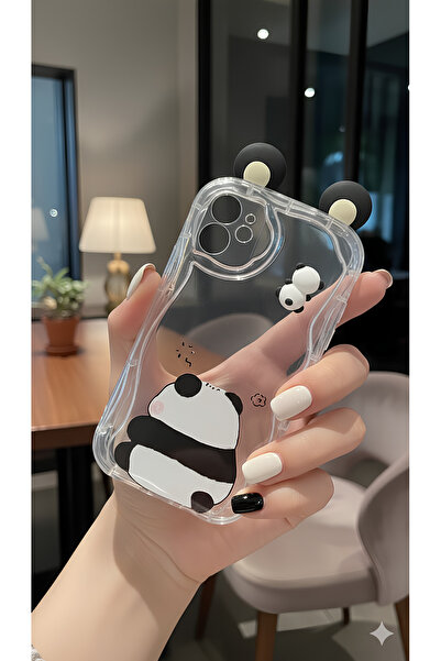 TechTrove iPhone 11 İçin Uyumlu 3D Kulaklı Sevimli Panda Figürlü Şeffaf Telef...