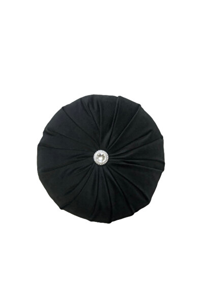 Casasro Decorative Pillow, Round, Elegant, Luxury Velvet , Black, 38cm