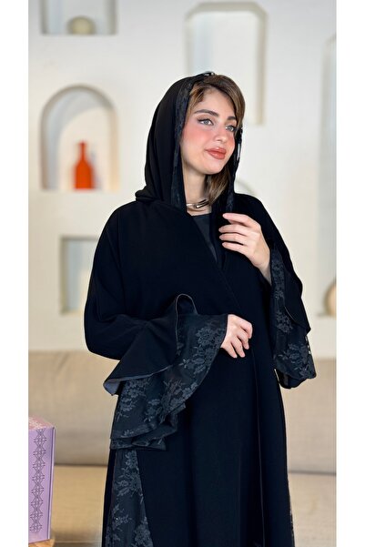 Warazan Elegant abaya with floral Lace trim for special occasions