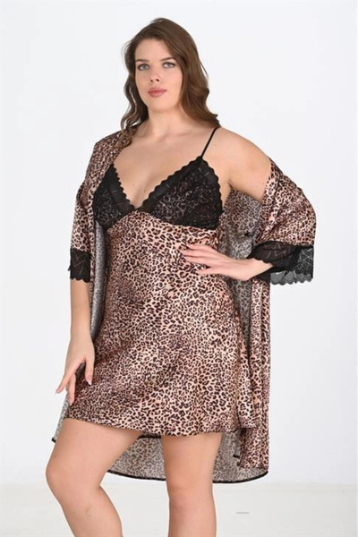 Beruflic Premium Plus Size Satin Lace Embroidered Leopard 2-Piece Nightgown a...