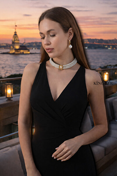 King Bee Barok Stil Büyük İnci Küpe Gold Renk Detaylı Özel Gün ve Davet Küpesi