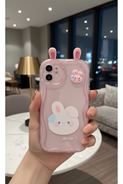 TechTrove 3D Rabbit Ear Design Wavy Edge Transparent Pink Case Compatible wit...