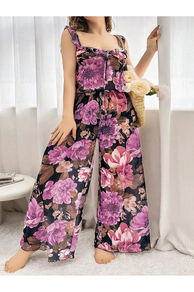 Beruflic Special Design Plus Size Floral Print Loose Fit 2 Piece Pajama Set