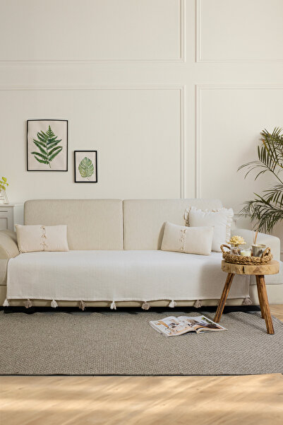 Saule Liva Ponponlu Ekru Koltuk Örtüsü 115 x 200 cm Kanepe Divan Çekyat Berje...