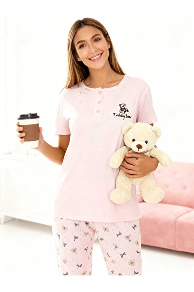 NiCe İç Giyim Pink Color Teddy Bear Themed Short Sleeve Crew Neck Viscose Wom...