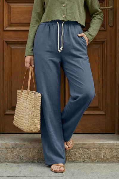 Sizce Moda Women's Navy Blue Muslin Palazzo Trousers High Waist Double Pocket...