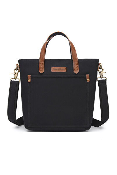 Hüvendo Smart Bags Black Women's Shoulder Bag Canvas Fabric with Genuine Leat...