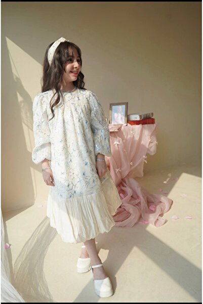 Banuta Girls' light blue and beige dress with long sleeves