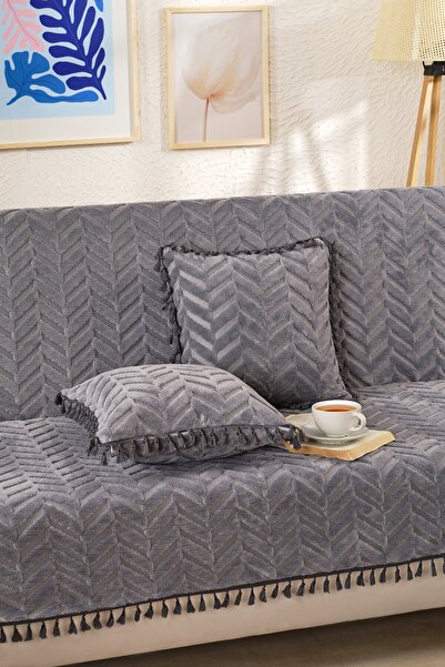 Saule Püsküllü Bohem Koltuk Örtüsü - Şönil Dokulu Kaymaz Koltuk Şalı - Modern...