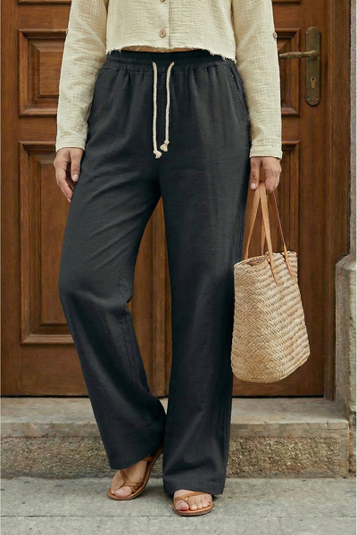 Sizce Moda Women's Black Muslin Palazzo Pants High Waist Double Pockets Wide ...