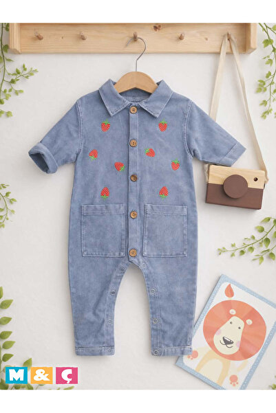 MÇ FAMİLY STORe Strawberry Embroidery Detail One-Piece Baby Jeans Jumpsuit Ba...