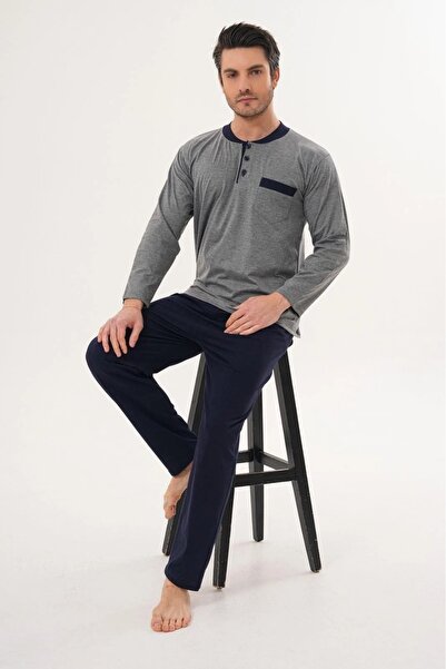 Carpe Diem Large Size Long Sleeve Buttoned Collar Men's Pajama Set 100% Cotton