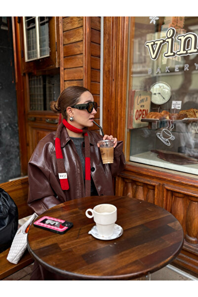 finea studio Finea Skinny Scarf Vintage Red & Espresso Brown Yün Atkı