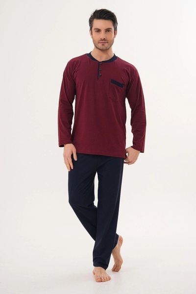 markalinda Large Size Long Sleeve Buttoned Collar Men's Pajama Set 100% Cotton