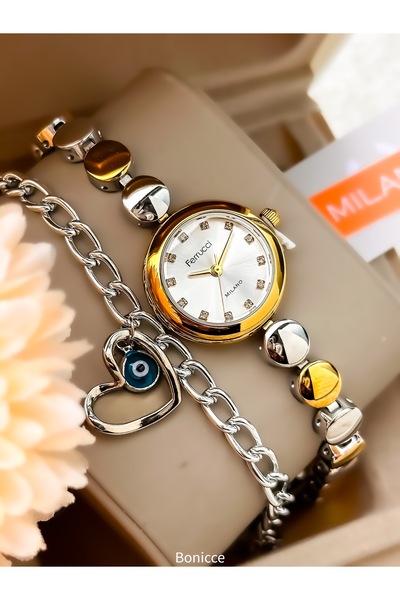 Ferrucci Oval Case Women's Mini Case, Silver Yellow Color Steel Band, White D...