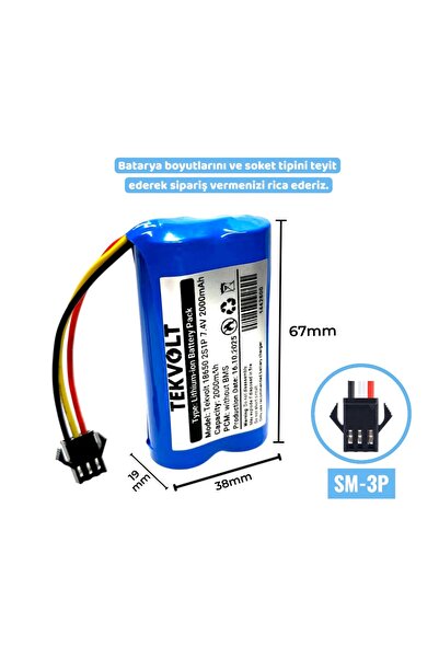 Tekvolt Enerji Tekvolt 7.4V 2000mAh 18650 Li-ion SM-3P Soket RC Araba/Kamyone...