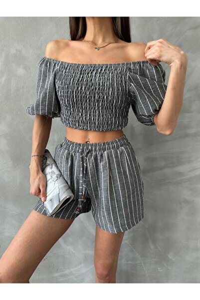 Caddebostan Moda Striped Gipeli Madon Collar Crop Blouse and Shorts Set