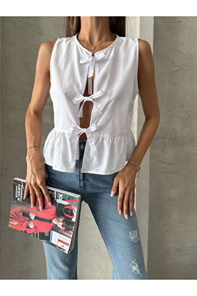 Caddebostan Moda Women's Front Three Bow Tie Sleeveless Peplum Blouse