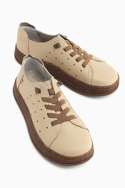 Limoya Judi Genuine Leather Beige Comfortable Sole Women's Summer Sneakers