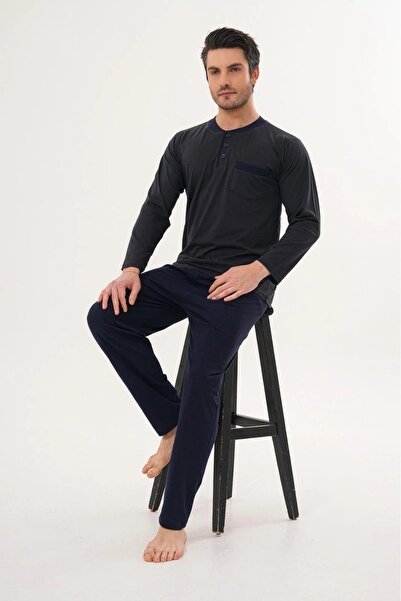 Carpe Diem Large Size Long Sleeve Buttoned Collar Men's Pajama Set 100% Cotton