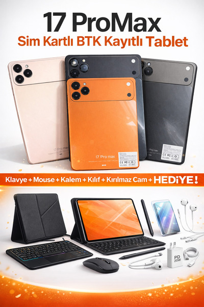 asfteknoloji 17 ProMax SIM Kartlı BTK Kayıtlı Tablet – Klavyeli Full Set Hedi...