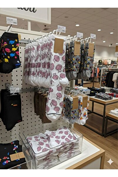 WOOK SOCKS جوارب نسائية بيضاء عالية الخصر بنمط الدماغ الوردي