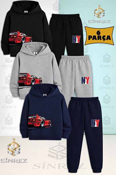 SİNREZ Set de trening cu glugă imprimat pentru copii, 3 piese, unisex, CAR RE...