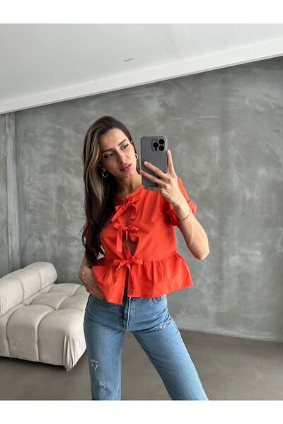 Caddebostan Moda Women's Front Tie Poplin Blouse with Three Bows, Balloon Sle...