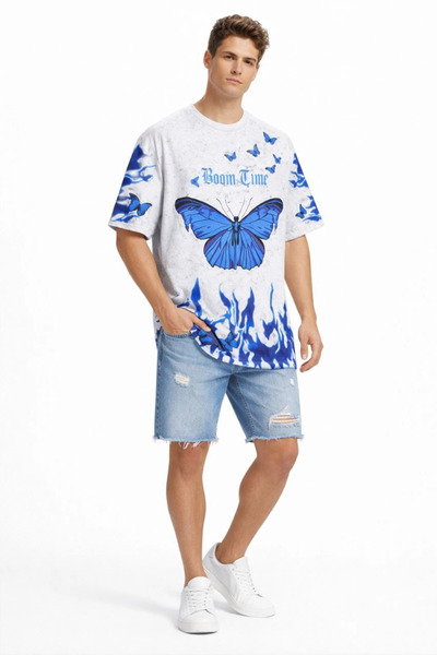 LUMİART Men's Acid Washed Oversize T-Shirt Blue Butterfly Printed Digital Pri...