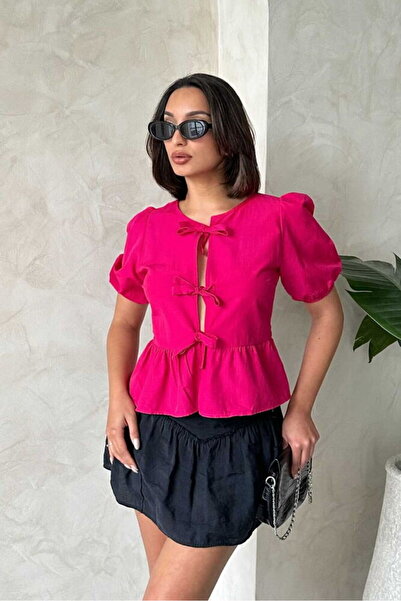 Caddebostan Moda Women's Front Tie Poplin Blouse with Three Bows, Balloon Sle...