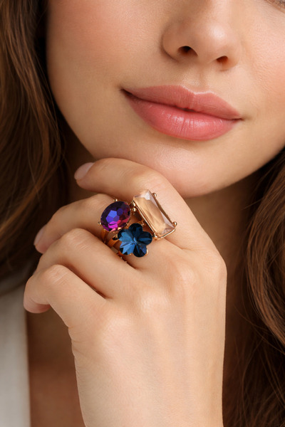 COCOSH TAKI Gold-tone adjustable ring with stylish purple and navy blue stone...