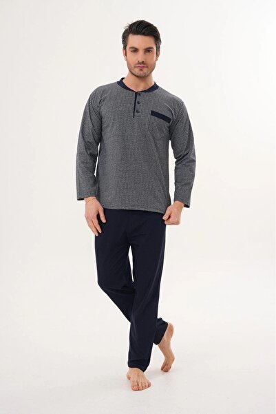 Carpe Diem Large Size Jacquard Long Sleeve Buttoned Collar Men's Pajama Set 1...