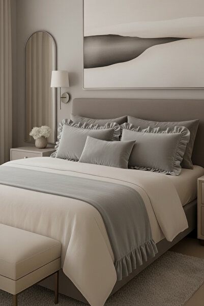 JACA 4'lü Kadife Kumaş Dekoratif Fırfır Yatak Runner & İç Dolgulu Fırfırlı Fe...